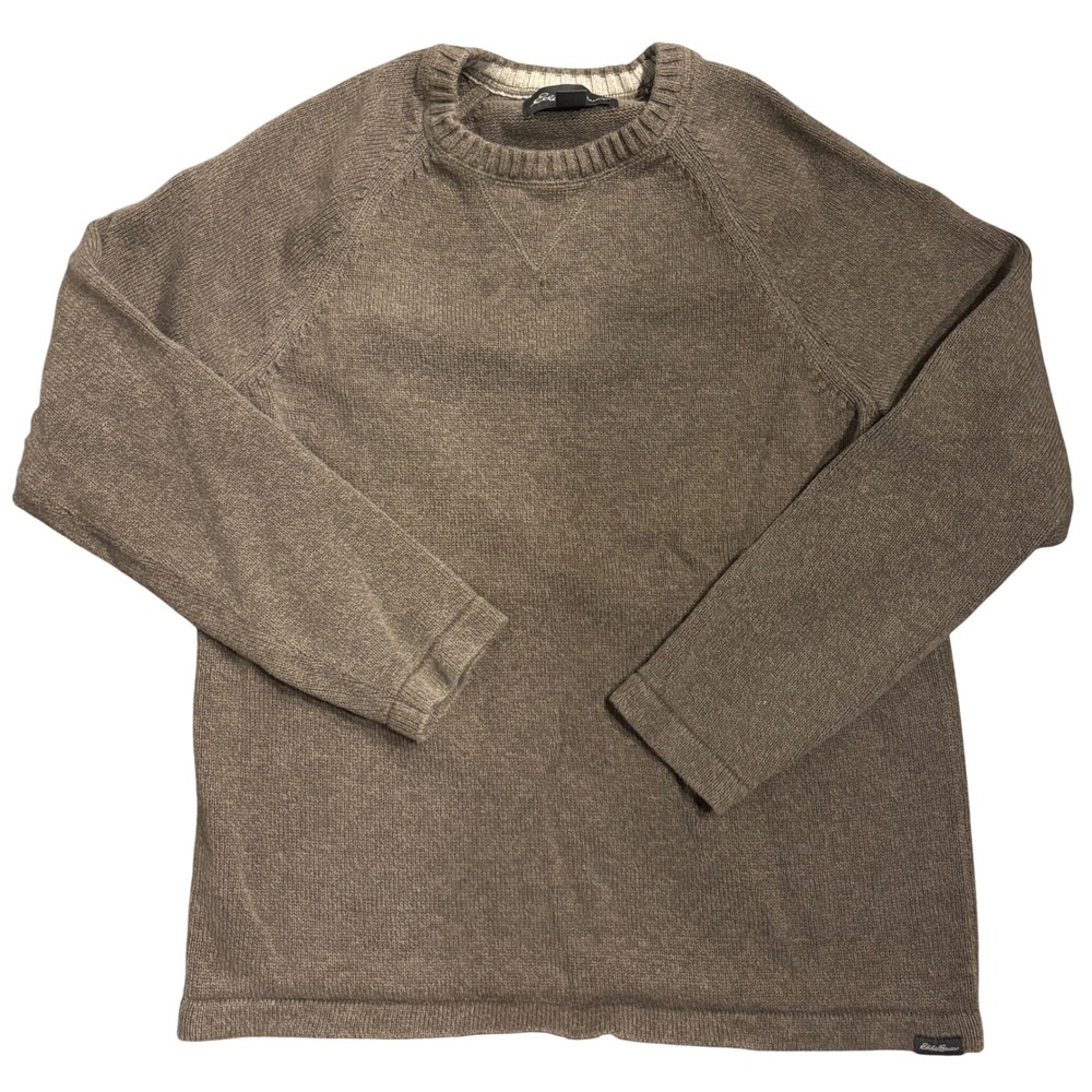 Eddie Bauer Sweater Medium Brown Cotton Crewneck Pullover Raglan Knit Mens